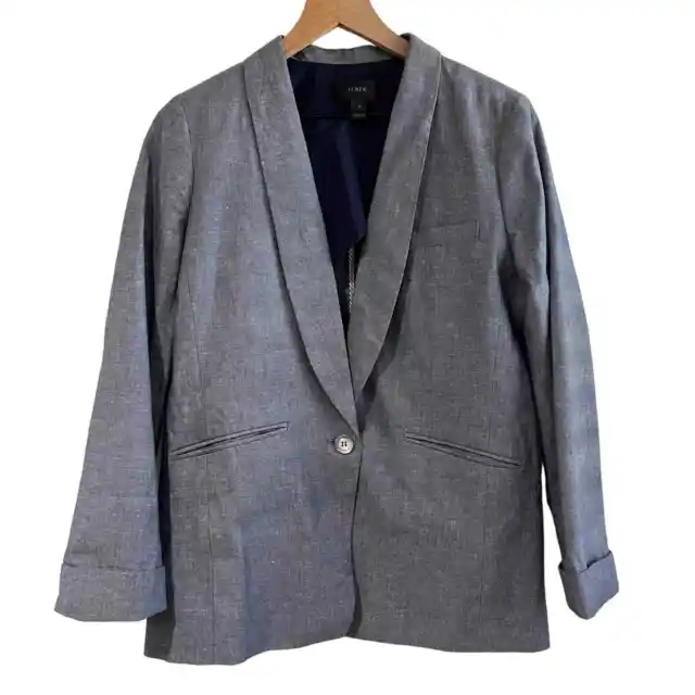 J.Crew Women's Unstructured Blazer Cotton Linen One Button Blue Chambray Size 10