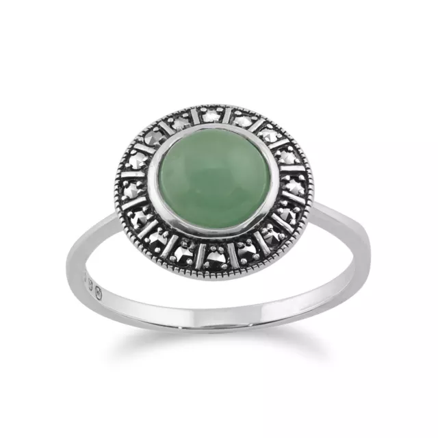 Art Deco Style Green Jade Cabochon & Marcasite Halo Ring in Sterling Silver