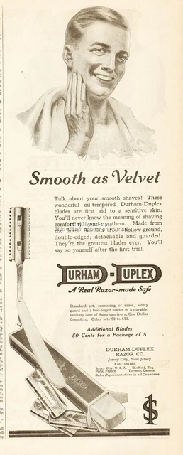 1920 Durham Duplex Razor Co Jersey City NJ shaving Smooth as Velvet print ad