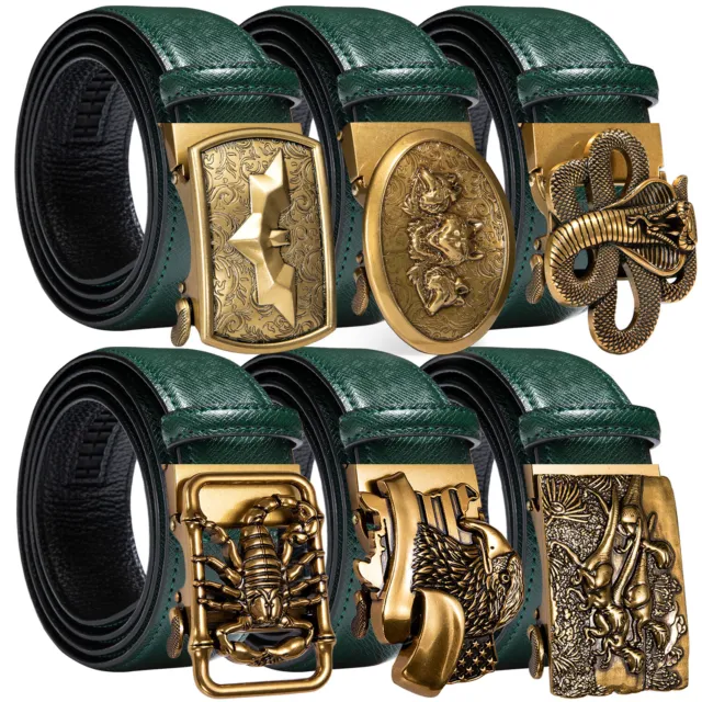 Silver Dragon Automatic Buckle Mens Belts Green Leather Ratchet Waist Straps