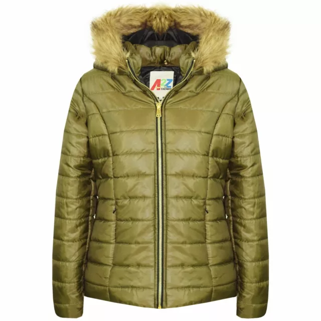 Kids Girls Jackets Olive Puffer Padded Quilted Detachable Hood Faux Fur Top Coat