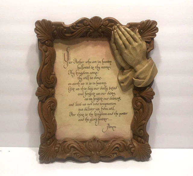 VINTAGE PRAYING HANDS Our Father Lord’s Prayer Framed Wall Décor Plaque
