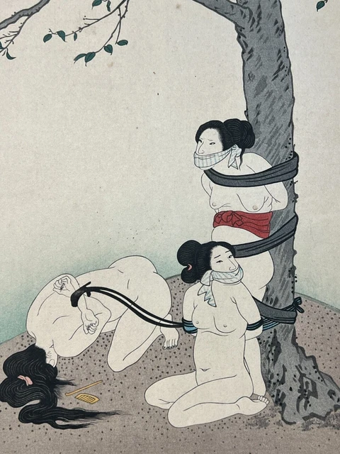 Ukiyoe Japanese Woodblock print super rare naked girls tied up under tree shunga