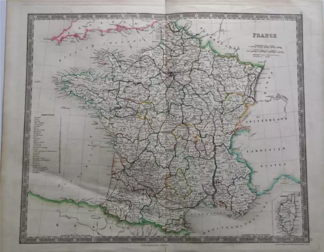 Fine 1844 Large Antique Teesdale / Dower Hand Coloured Map Of France