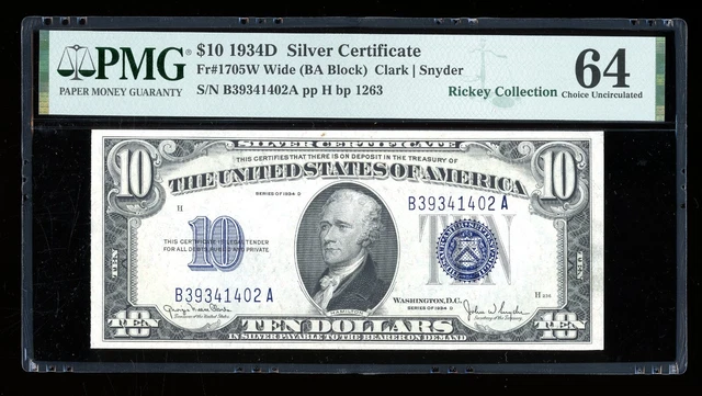 DBR 1934-D $10 Silver Wide Fr. 1705W PMG 64 Serial B39341402A