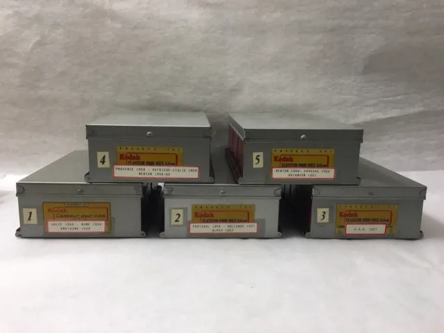 Lot de 5 anciennes boîtes Kodak en métal vues Diapos 5 /5 cm / 50’s - 60’s