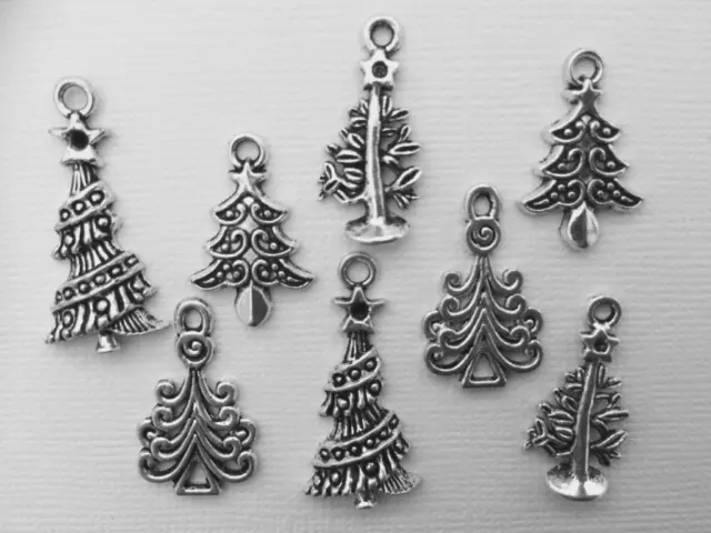 BB METAL CHARMS CHRISTMAS TREES  pk of 15 SILVER mix of 4 designs craft cards