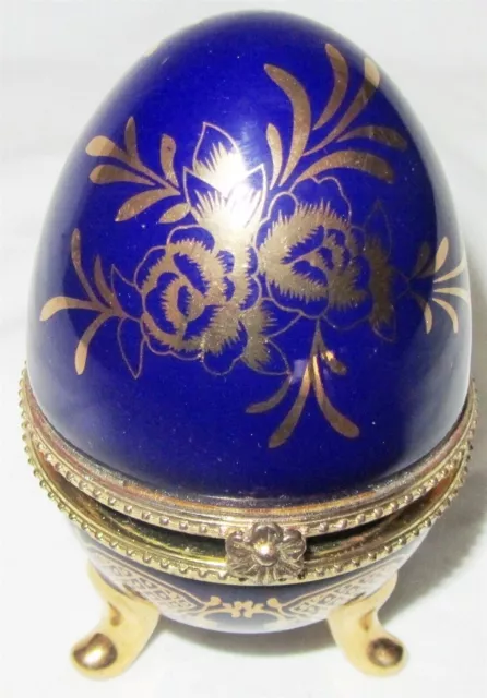 Charming Cobalt Blue & Gold Footed Trinket Box Egg