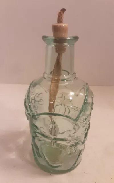 Green Glass Heavy Decanter W Embossed Fruit Pattern Made Into An Oil Lamp 7 3/4" 2