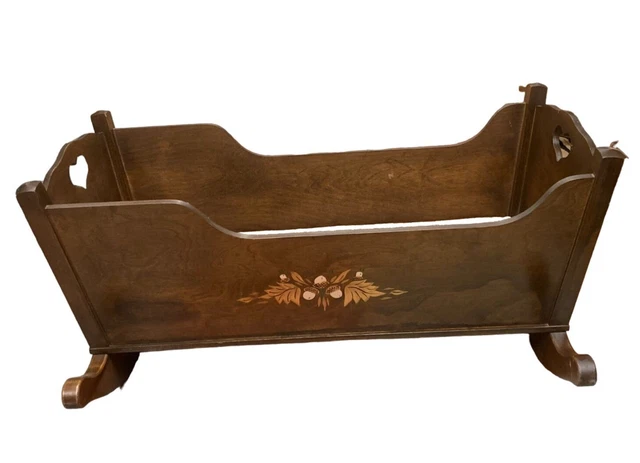 Wooden Baby Cradle with Acorn Motif Vintage