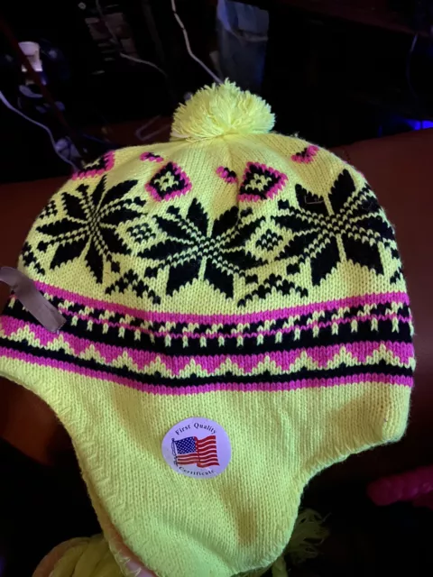 Unisex Warm Knit Hat w/ Braids Ear Flaps Snowflake Pattern Winter Beanie  Yellow