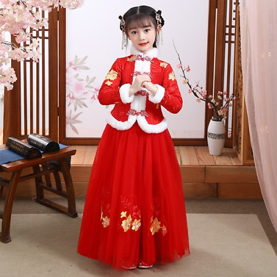 Costume Hanfu Ragazze Cheongsam Abito Capodanno Addensante Fiore Mantello Bambino