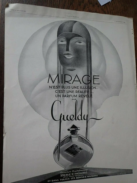 MIRAGE parfum de GUELDY + HIVER en ITALIE. publicité papier ILLUSTRATION 1929