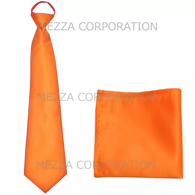 New formal men's pre-tied ready knot necktie & hankie set polyester solid orange