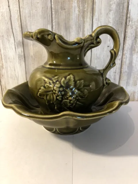 Vintage McCoy Pottery Pitcher and Basin Wash Bowl Set Deep Olive Color (D)