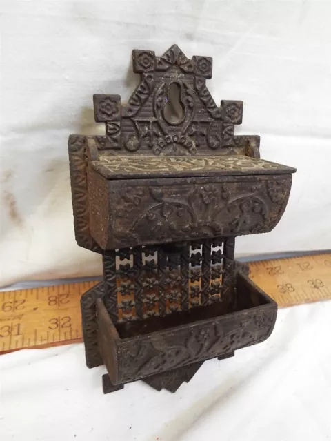 Lidded Cast Iron Double Pocket Wall Match Safe Holder Ornate Victorian Eastlake