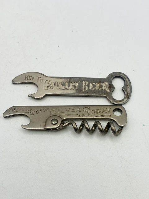 Advertising BOTTLE OPENER Lot x2 CALGARY Beer Brewery Silver Spray Corkscrew