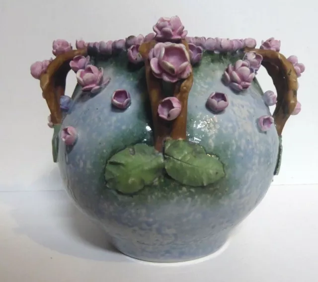 Beautiful Czech Amphora Art Nouveau Porcelain Vase Applied Flowers Floral Urn