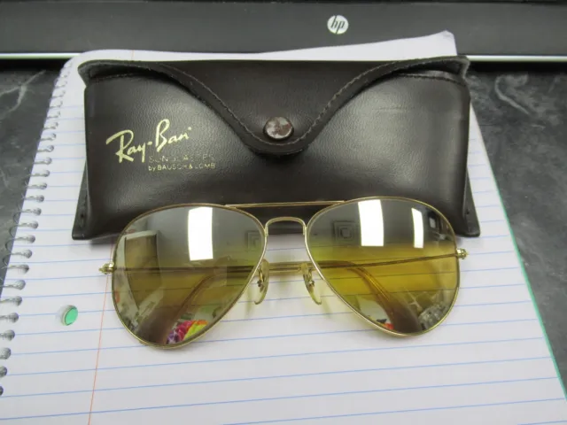 1970s B&L Ray Ban USA Double Gradient Mirror Ambermatic Aviator Sunglasses &Case