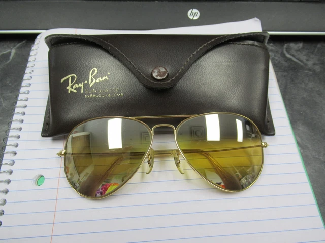 1970s B&L Ray Ban USA Double Gradient Mirror Ambermatic Aviator Sunglasses &Case
