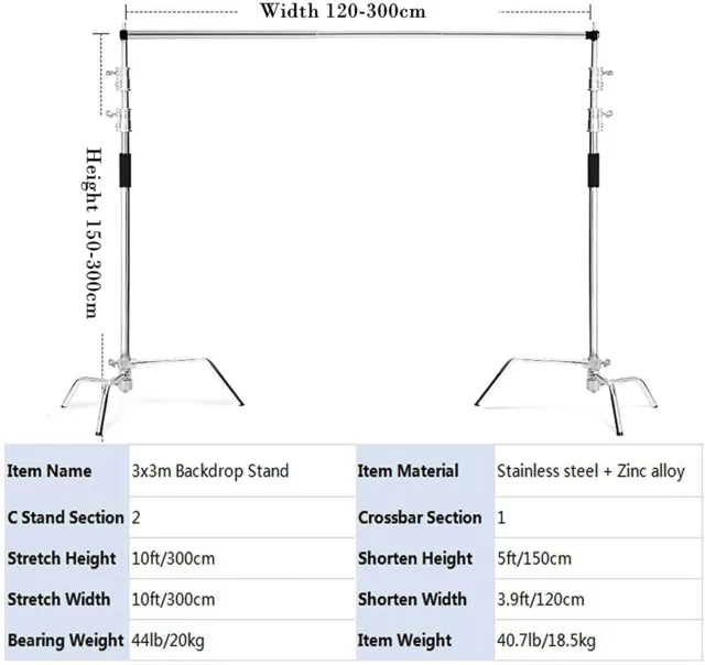 Heavy Duty 10FT Background Backdrop C Stand Studio Turtle Base Stainless Steel 2