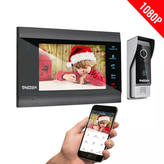 TMEZON 1080P Wireless Video Doorbell Intercom Security System 7'' LCD Monitor HD