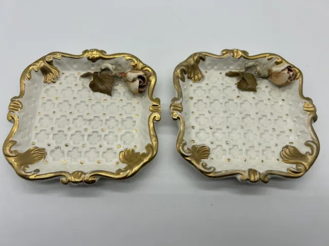 Pair of Vintage Benrose Capodimonte White/Gold Porcelain Rose Dish Made in Italy