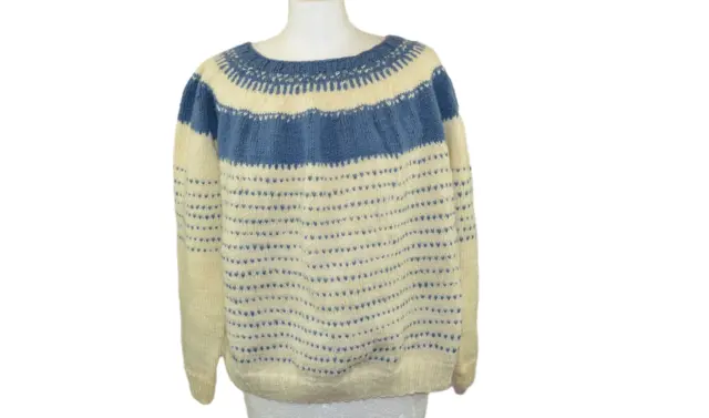 Hand knitted Fair isle sweater Wool white and  blue Norway style pullover