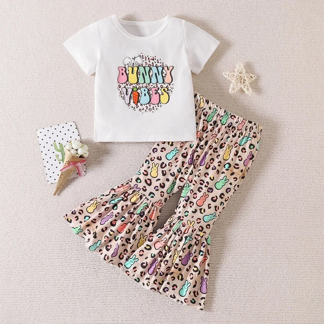Kid Kids Bunny Rabits Easter Outfits Set Bell Bottoms Pants + T Shirts Clothes_