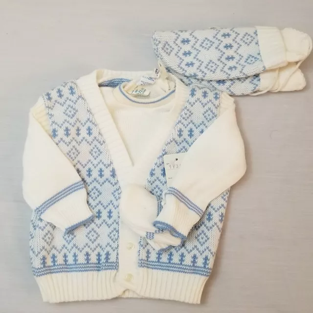 Vintage New With Tag Italy White Blue Baby Sweater Vest Mittens and Hat 9 Months