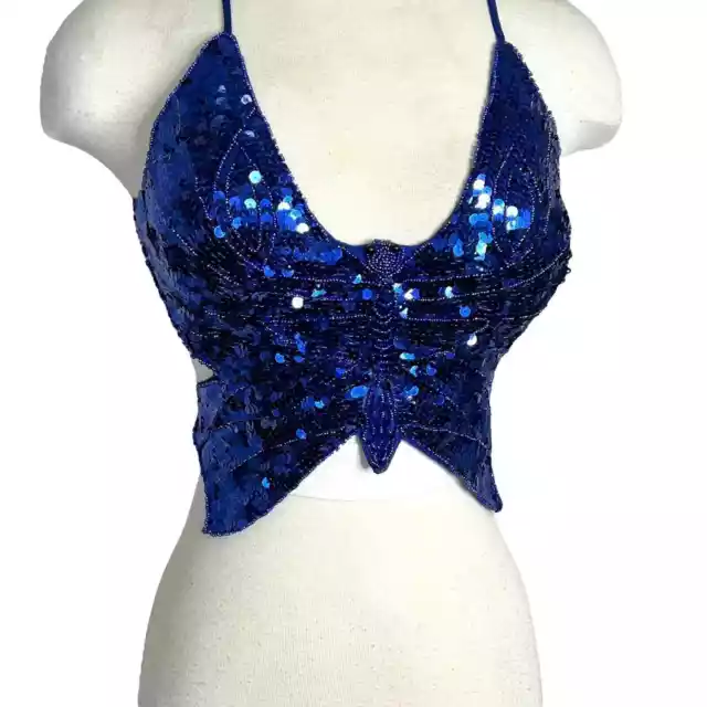 Vintage Y2K Sequin Embellished Statement Butterfly Halter Top Blue XS / S Small 3