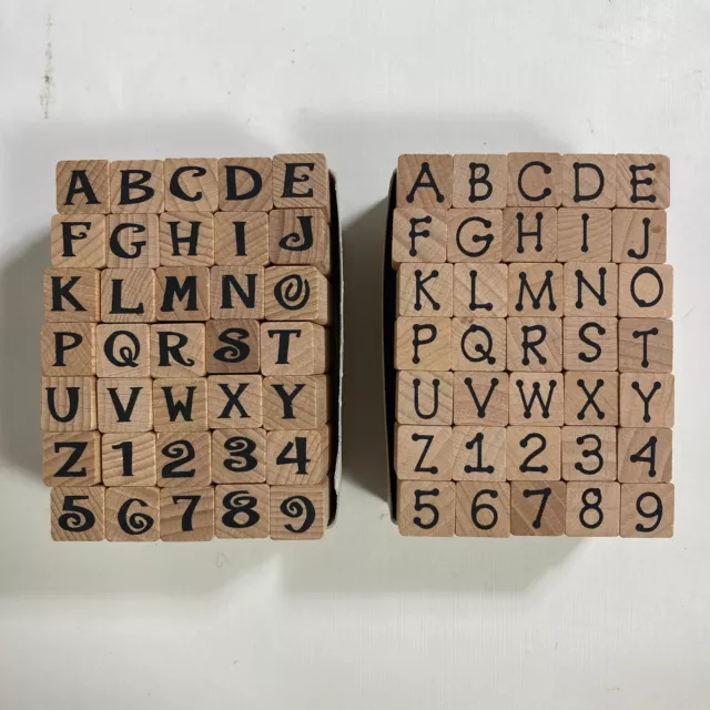 Lote de 2 estampillas de goma de montaje en madera letras alfabeto puntos de rescate estampillas artesanales conjunto de 2