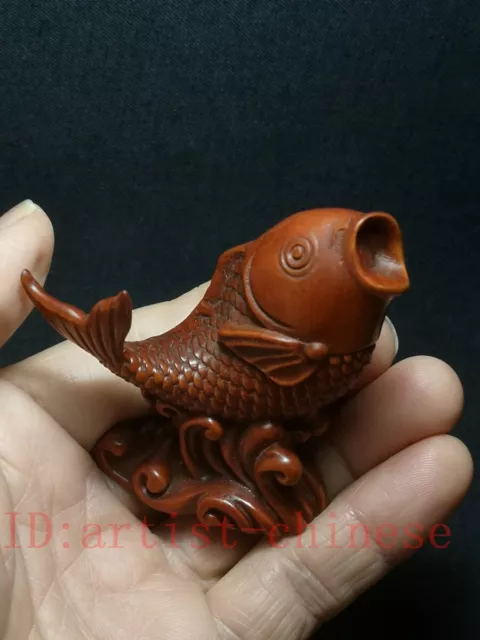 Japanese boxwood hand carved lovely Fish Figure statue netsuke collectable gift