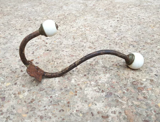 1920s Vintage Ornate Victorian Dual Side Ceramic Knobs Iron Wall Hook Hanger Old