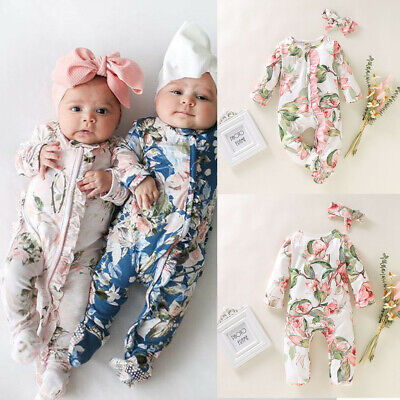 Newborn Infant Baby Girl Boy Footed Sleeper Romper Headband Clothes Outfits Set