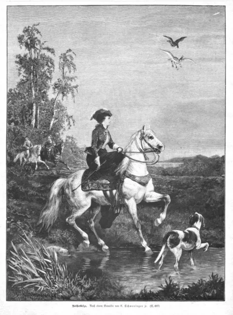 Reiherbeize, Beizjagd, Dame mit Falken, Original-Holzstich von ca. 1885