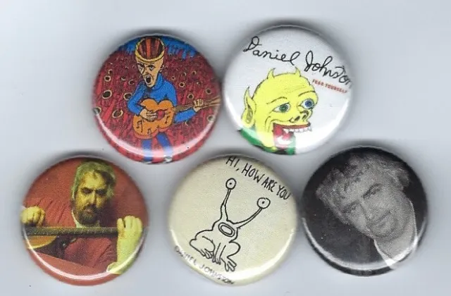 DANIEL JOHNSTON Set of 5 1" Pins Buttons Badges FOLK, OUTSIDER ART, ALTERNATIVE