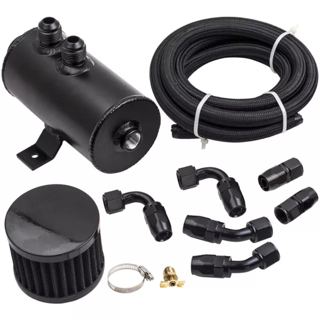 Black 750mL Aluminum Baffled Motor Engine Oil Catch Can 0.75L with Hose Kit AN10