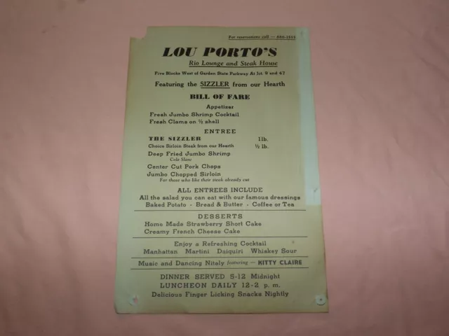 VINTAGE LOU PORTO'S RIO LOUNGE and STEAK HOUSE GARDEN STATE PKWY NJ  MENU