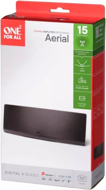 One For All Amplified Indoor Digital TV Aerial, Curved HDTV Antenna SV9430 Black