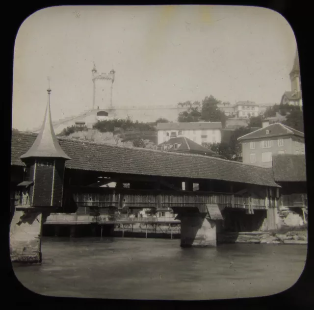 Glass Magic Lantern Slide LUCERNE - THE OLD BRIDGE  C1890 SWITZERLAND L88