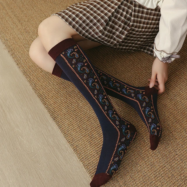 Femme Floral Long Chaussettes Thermique Hauteur Genou Cuisse Rétro Chaud Étroit