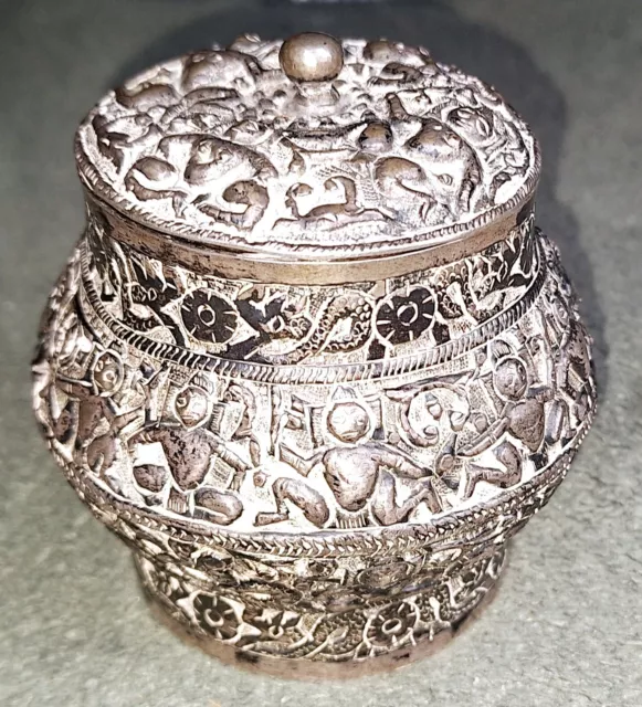 Antique Early 1900 Burmese India Thabeik Silver Repousse Betel Jar  w/lid