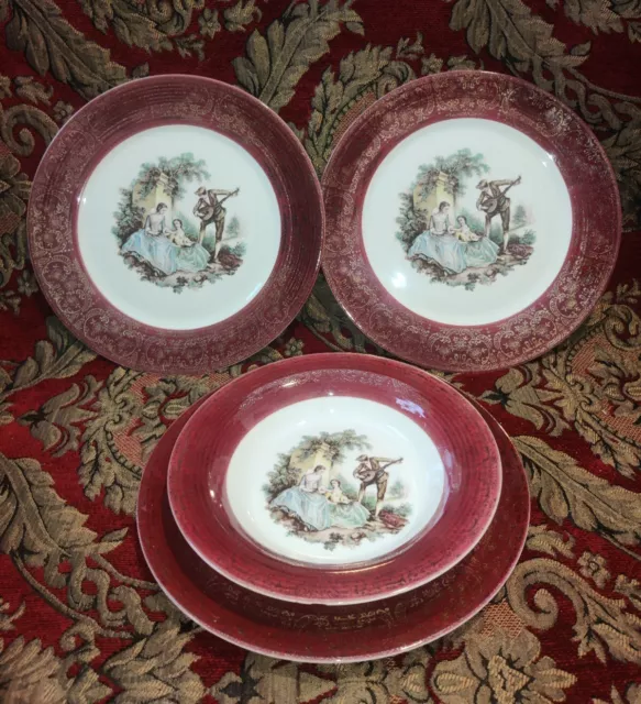 Four Sebring 22 Kt Gold Vintage "Serenade" Burgundy Dinner Plates And Salad Bowl