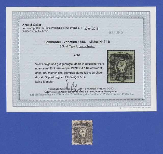 Lombardei-Venetien 3 Soldi Type I, Mi.-Nr. 7 I b gest. mit Befund Goller