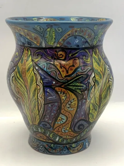 Holly Sears Studio Art Pottery Whimsical Multi Colored Leaf Vase 4.75” Signed