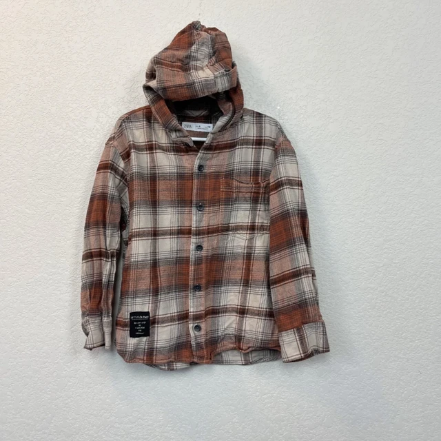 Zara Plaid Flannel Hooded Long Sleeve Button Front Shirt Boys size 6