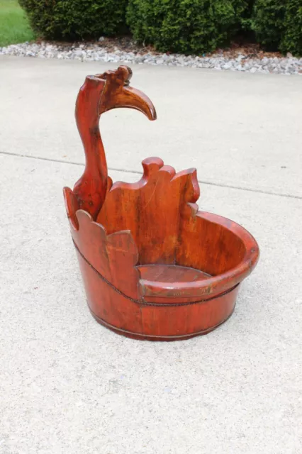 Antique Asian Chinese Carved Wood Swan Bucket