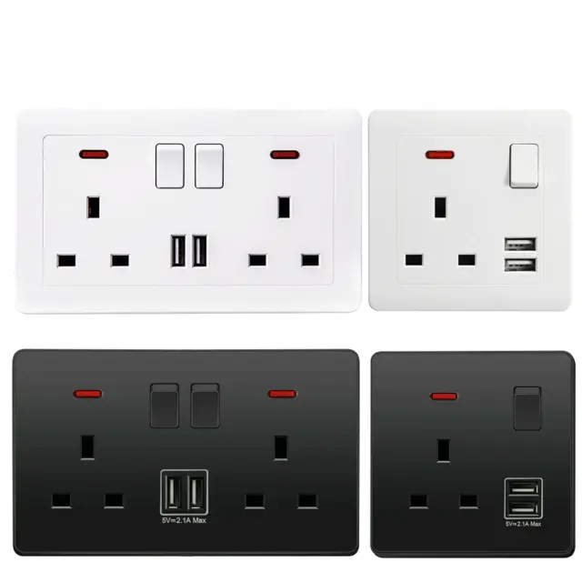 USB Double Wall Socket 13 Amp Uk Plug 2 Gang Switch Electric Charger Power Port