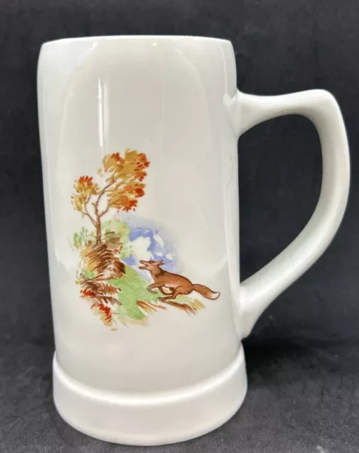 VINTAGE HALL POTTERY BISQUE BEER MUG STEIN pale white fox hunt  MADE IN U.S.A.